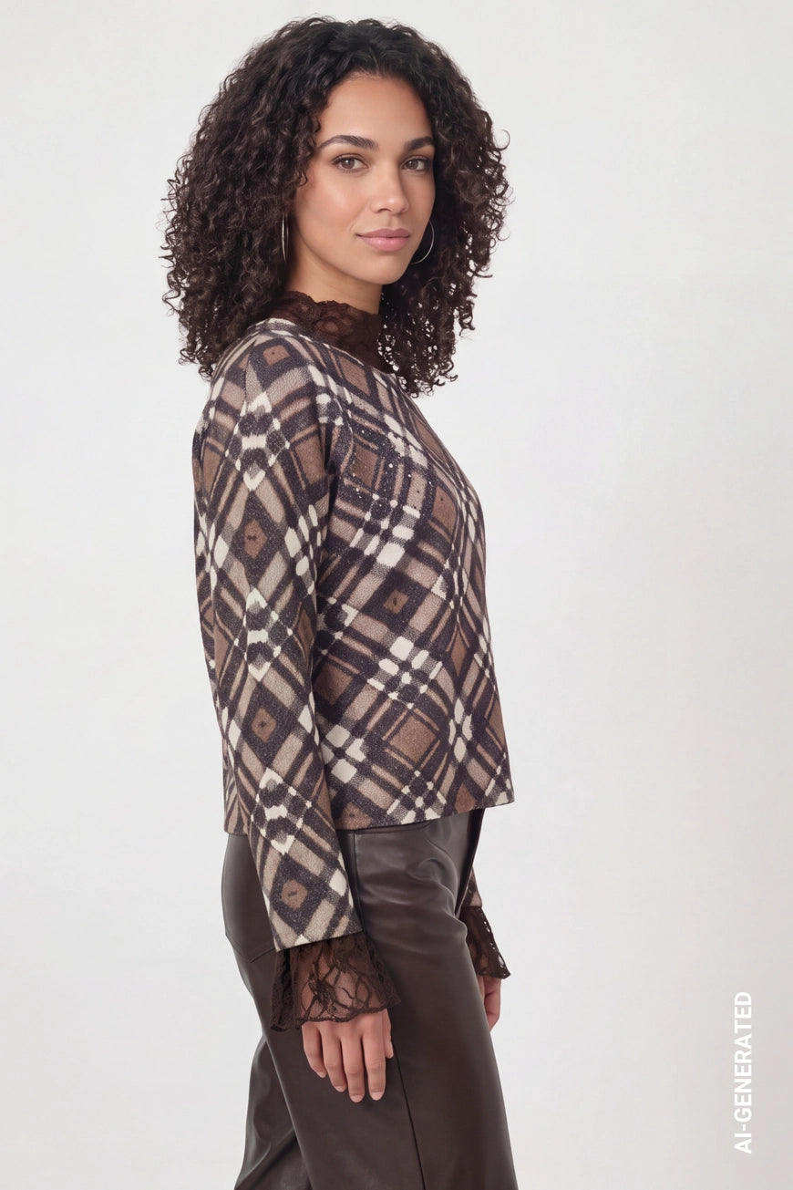 Check pattern pullover in chocolate brown multi