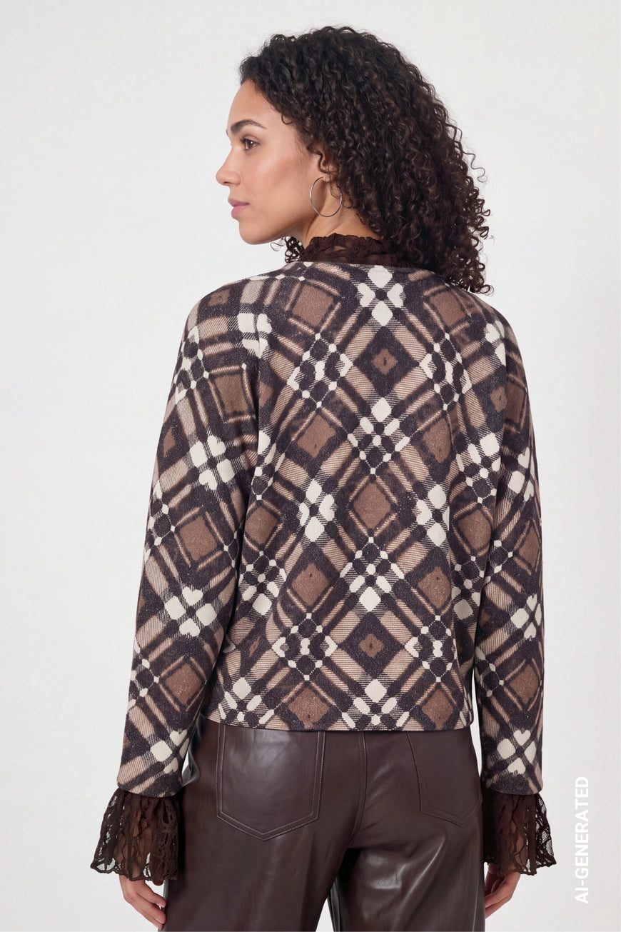 Check pattern pullover in chocolate brown multi