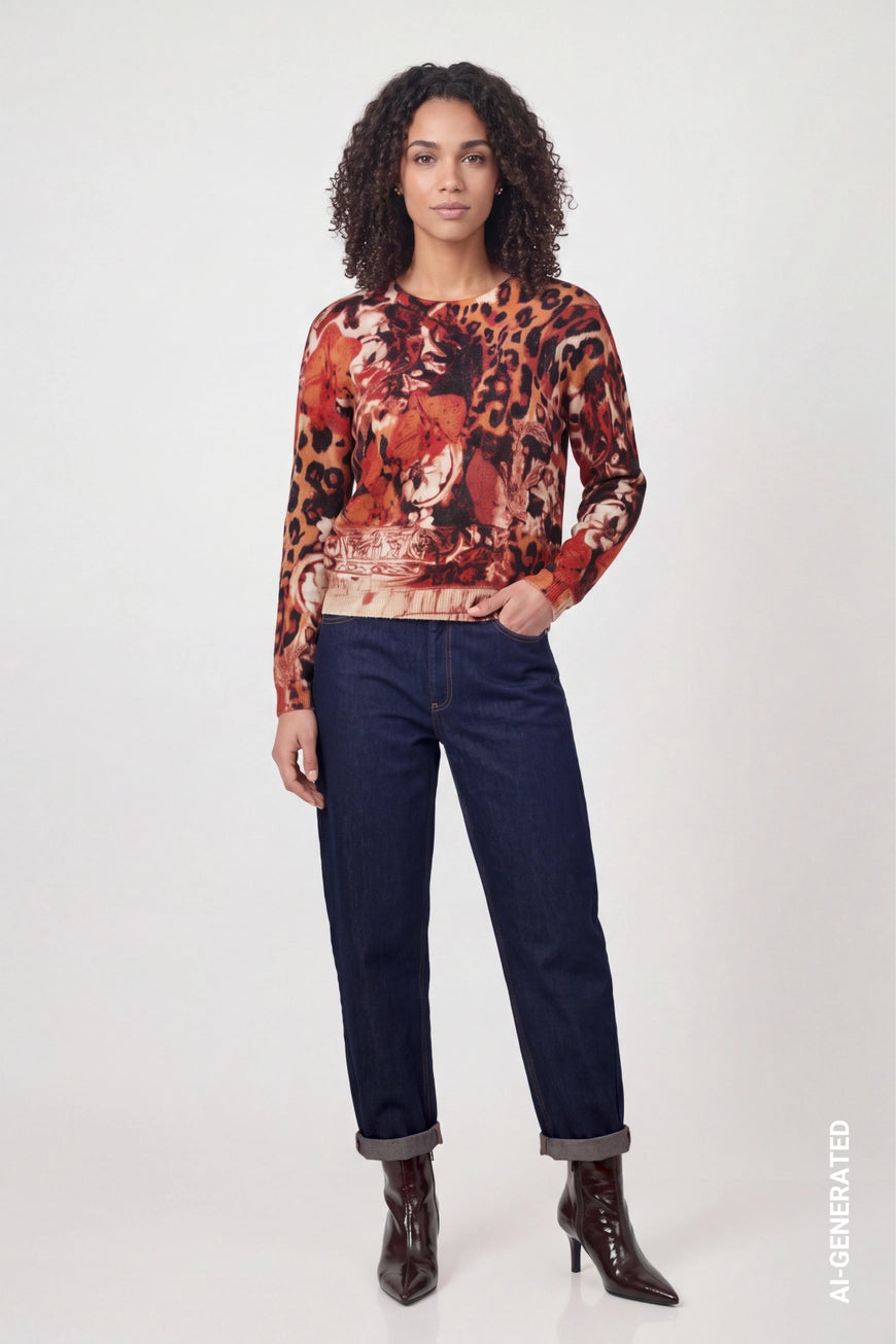 Leopard print pullover in autumn red