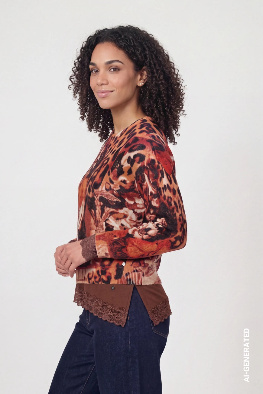 Leopard print pullover in autumn red