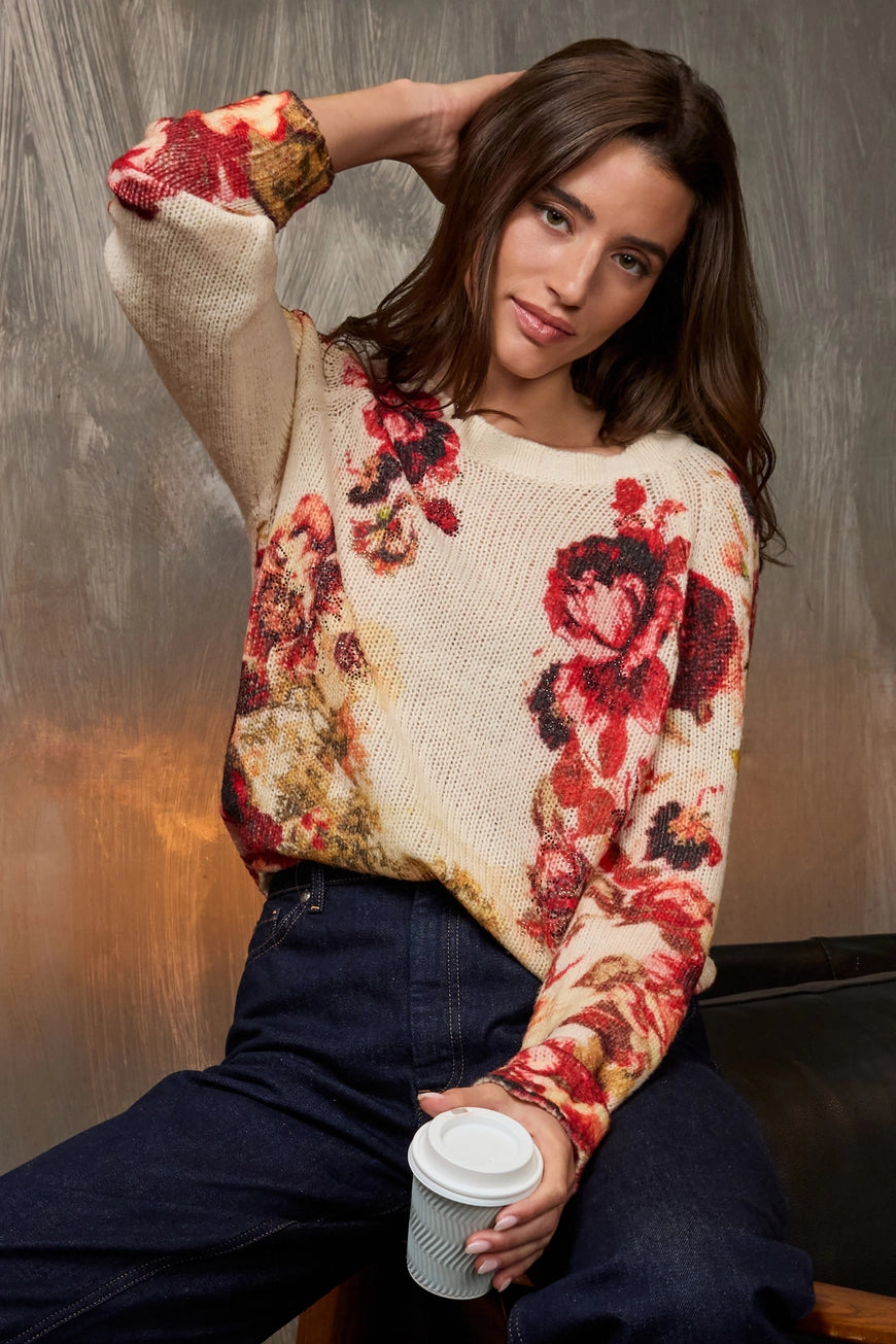 Floral pattern pullover in autumn red