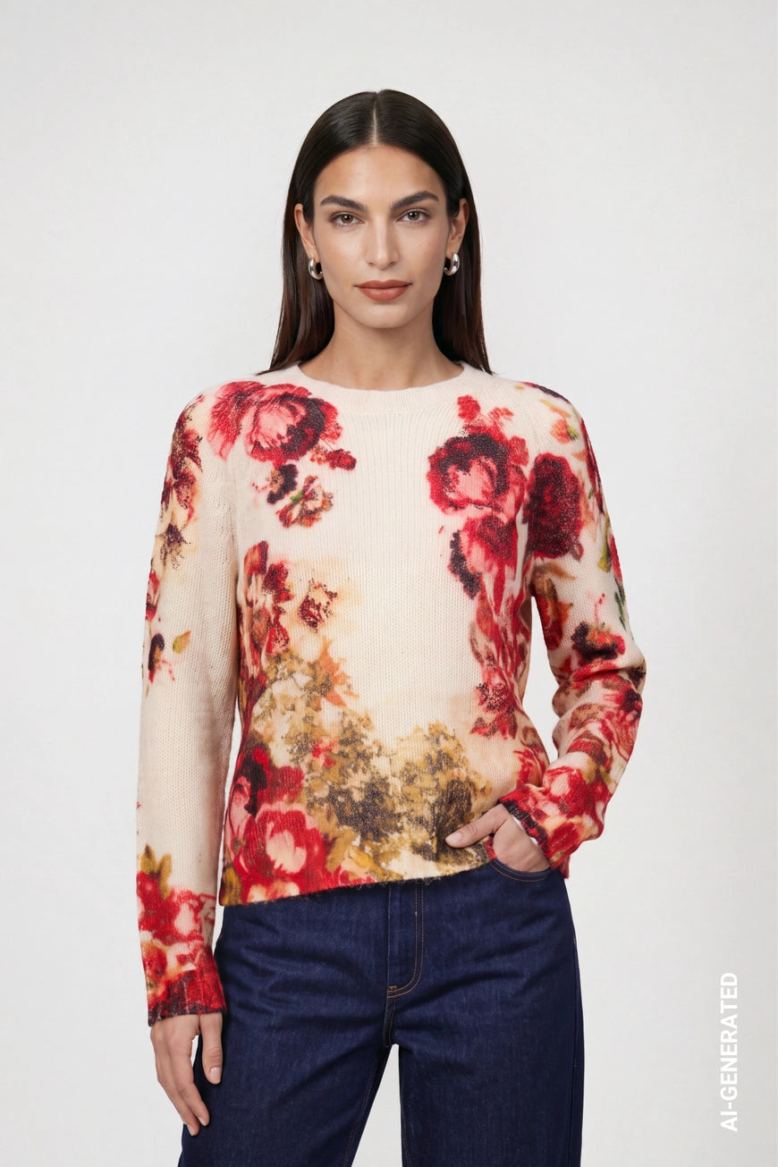 Floral pattern pullover in autumn red