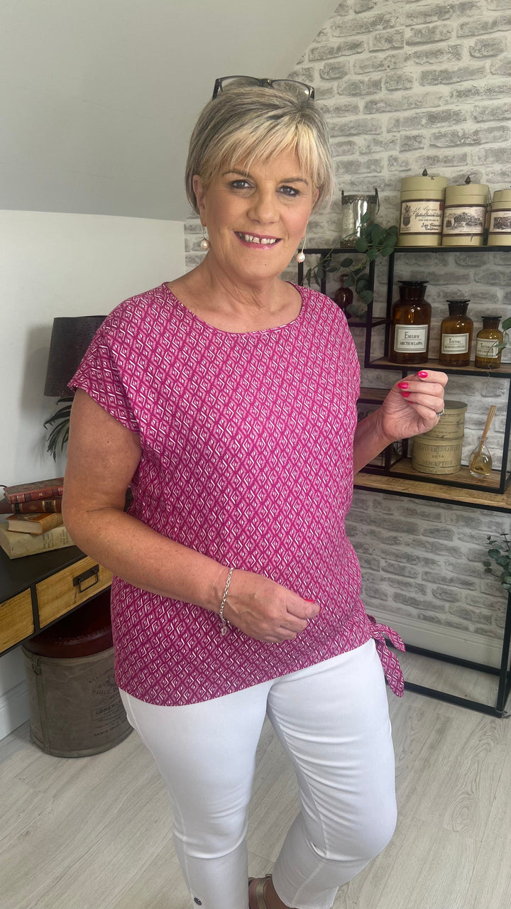 Cecil Print Top With Knot Detail In cool pink
