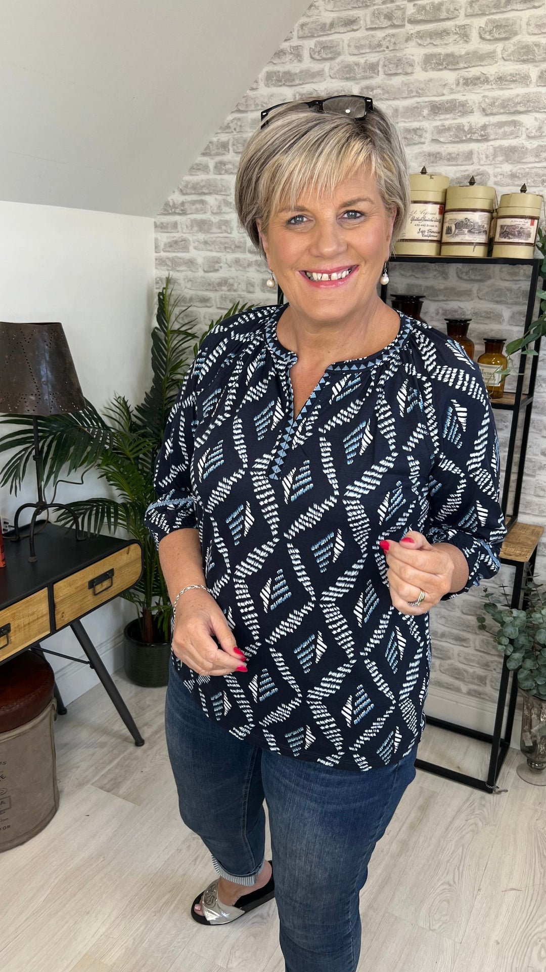 Cecil V-neck top with Rhombus Print In Navy