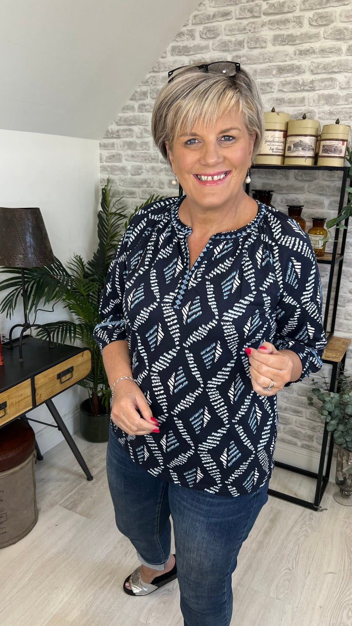 Cecil V-neck top with Rhombus Print In Navy