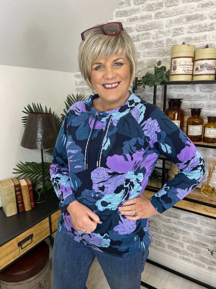 Cecil Big Flower funnel Neck Top In Universal Blue - Crabtree Cottage