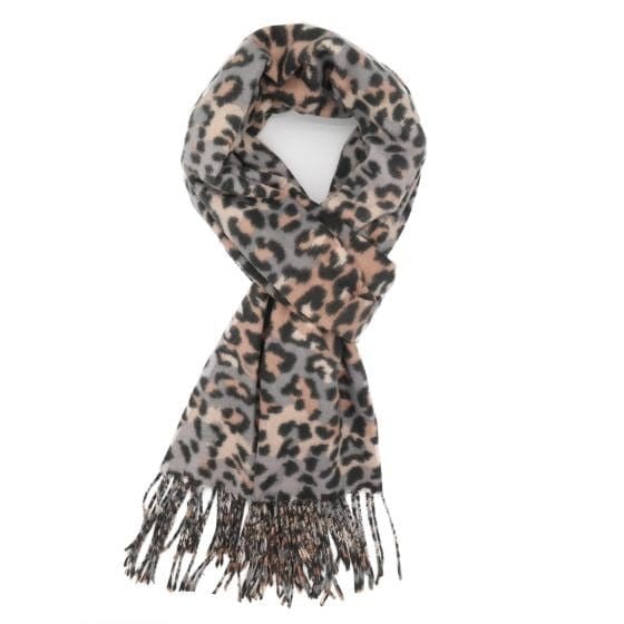 Ellen Leopard Print Scarf With Tassels In Grey - Crabtree Cottage