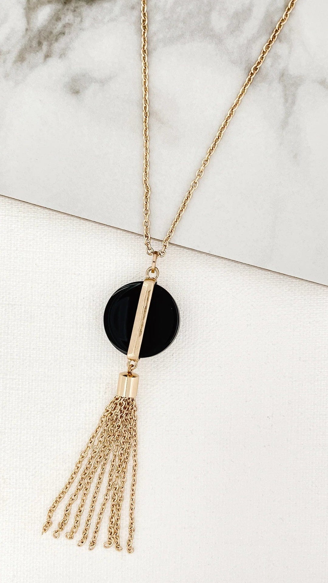 Envy Black Circle Pendent Necklace With Tassel In Gold - Crabtree Cottage