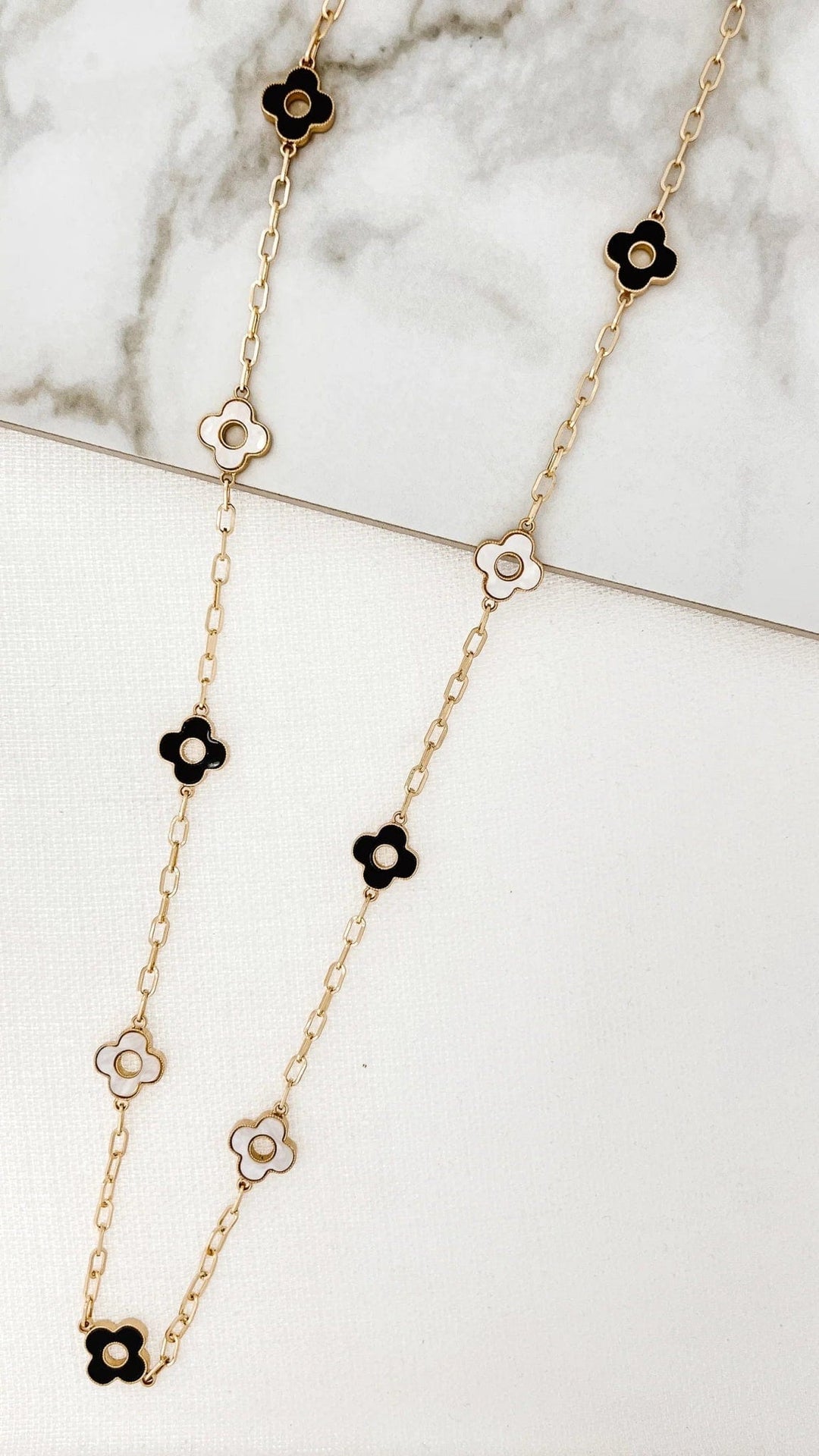 Envy black & white Fleurs Long Necklace In Gold - Crabtree Cottage