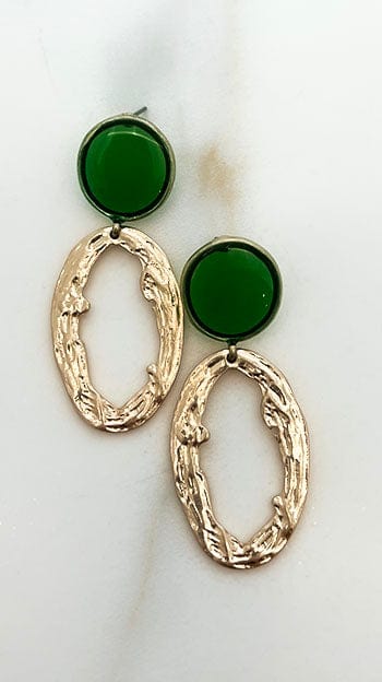 Envy Textured Hoop Pendant Earrings With Green Glass