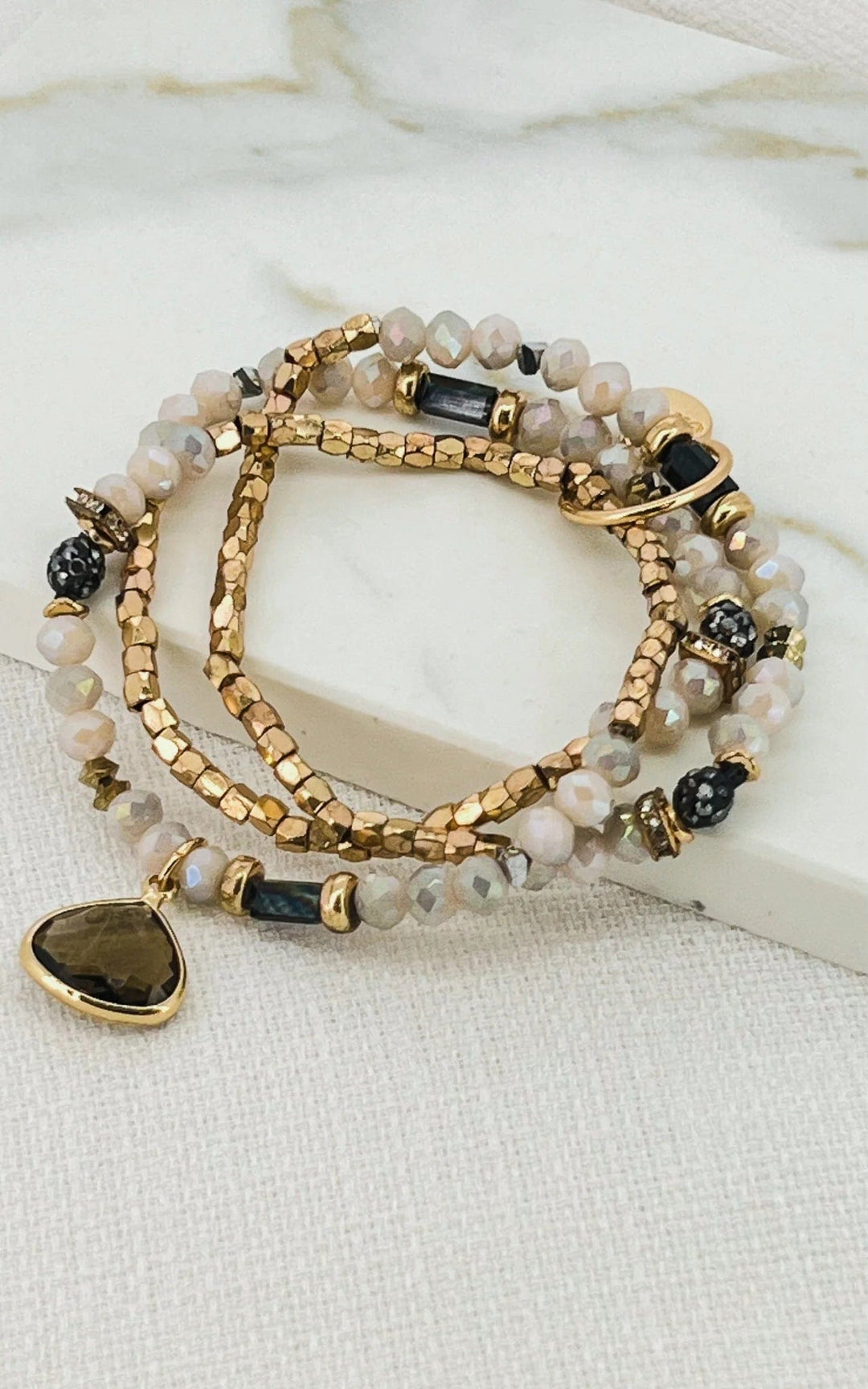 Envy triple layer Bracelet With Crystal Pendant in gold & black