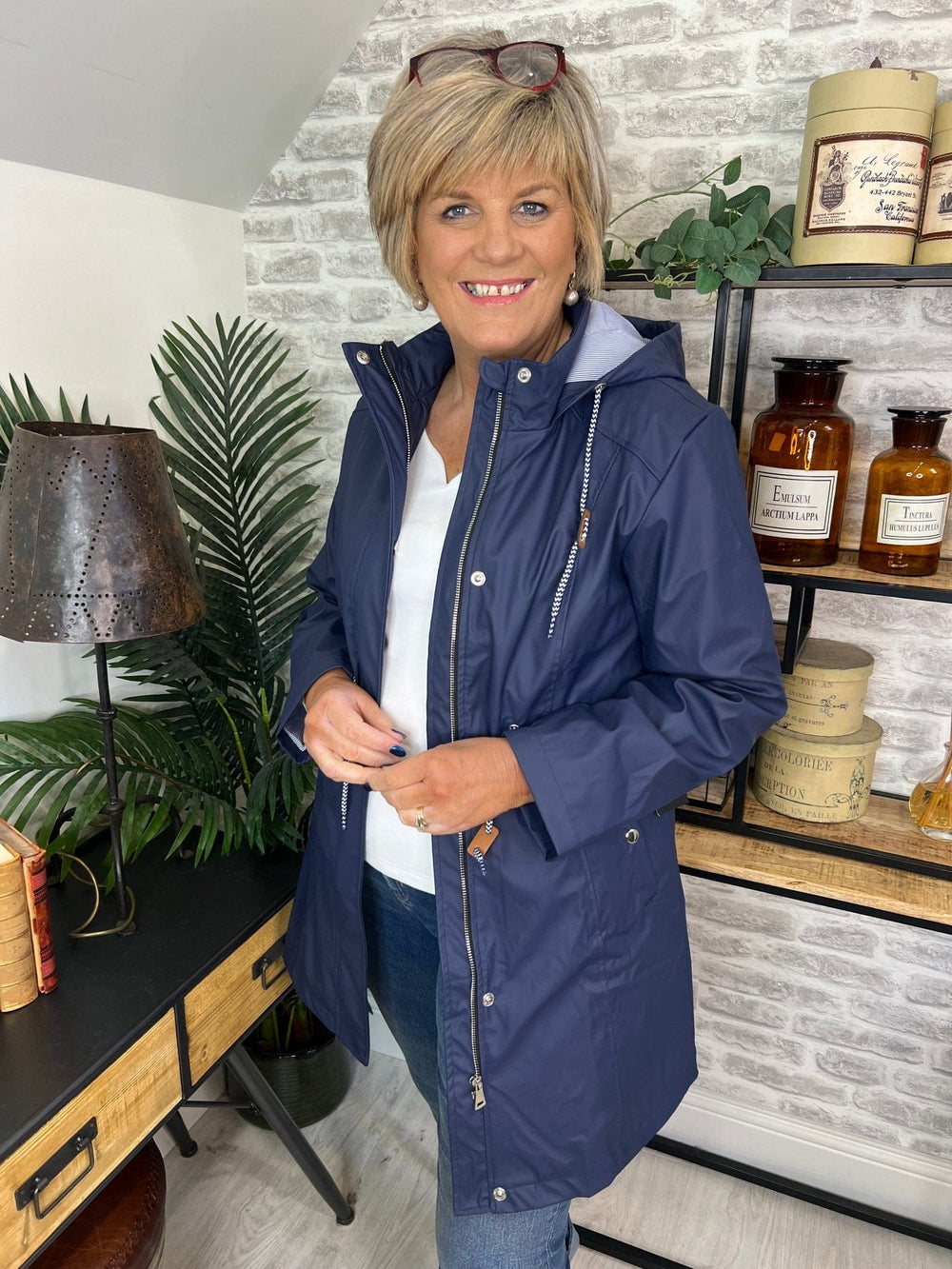 Hailey Long Striped Lined Rain Jacket In Navy - Crabtree Cottage