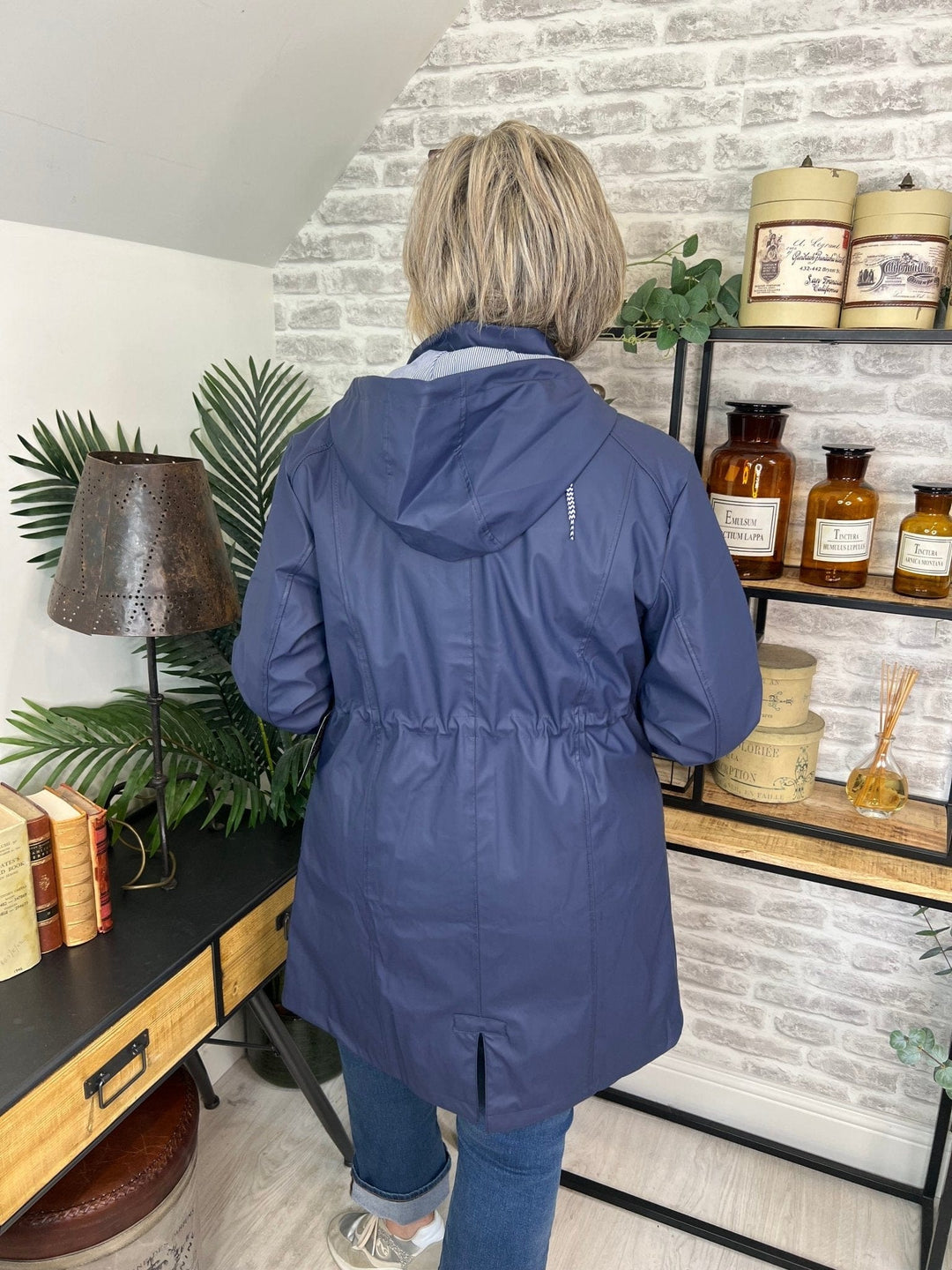 Hailey Long Striped Lined Rain Jacket In Navy - Crabtree Cottage