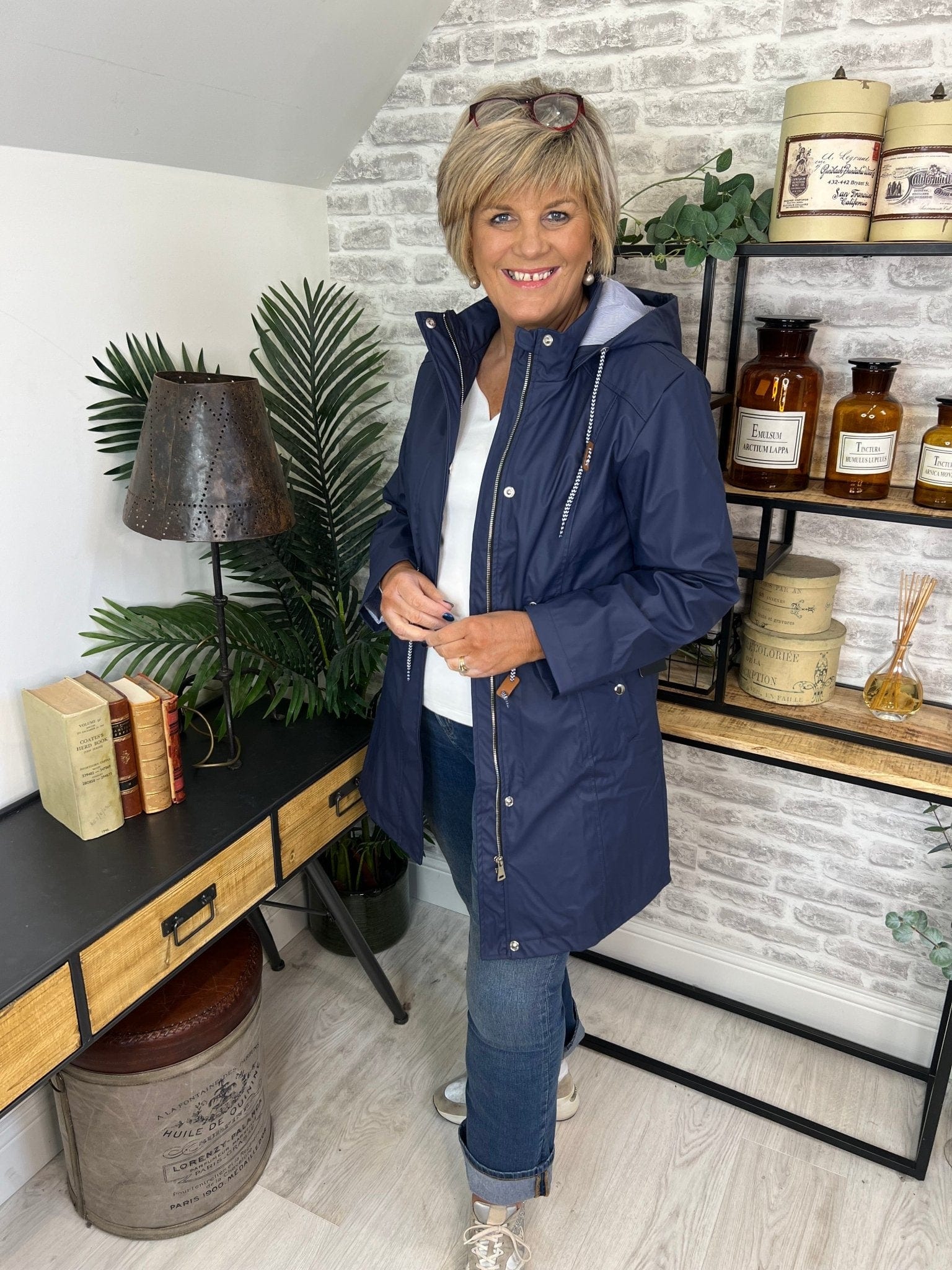 Hailey Long Striped Lined Rain Jacket In Navy - Crabtree Cottage