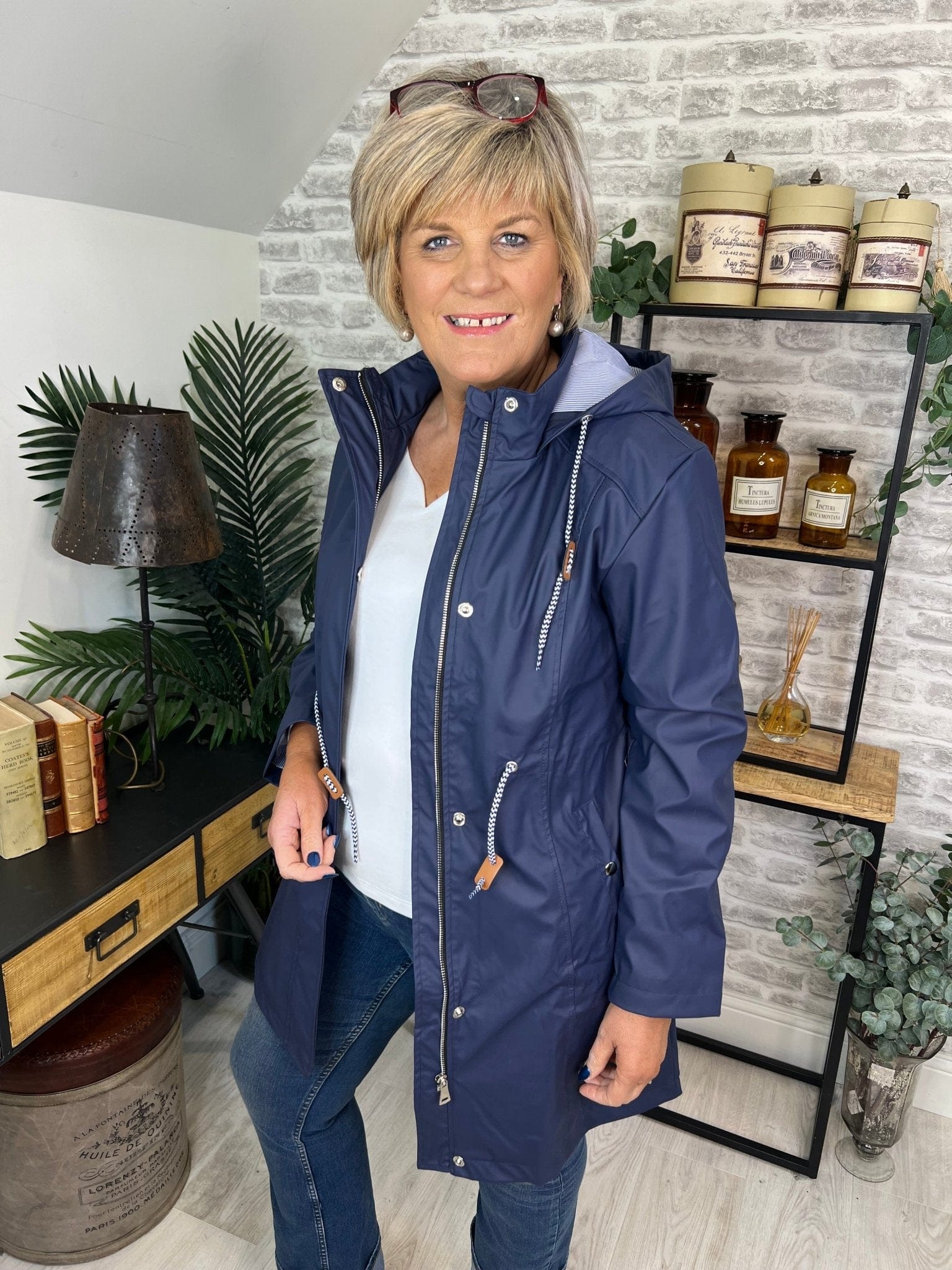 Hailey Long Striped Lined Rain Jacket In Navy - Crabtree Cottage