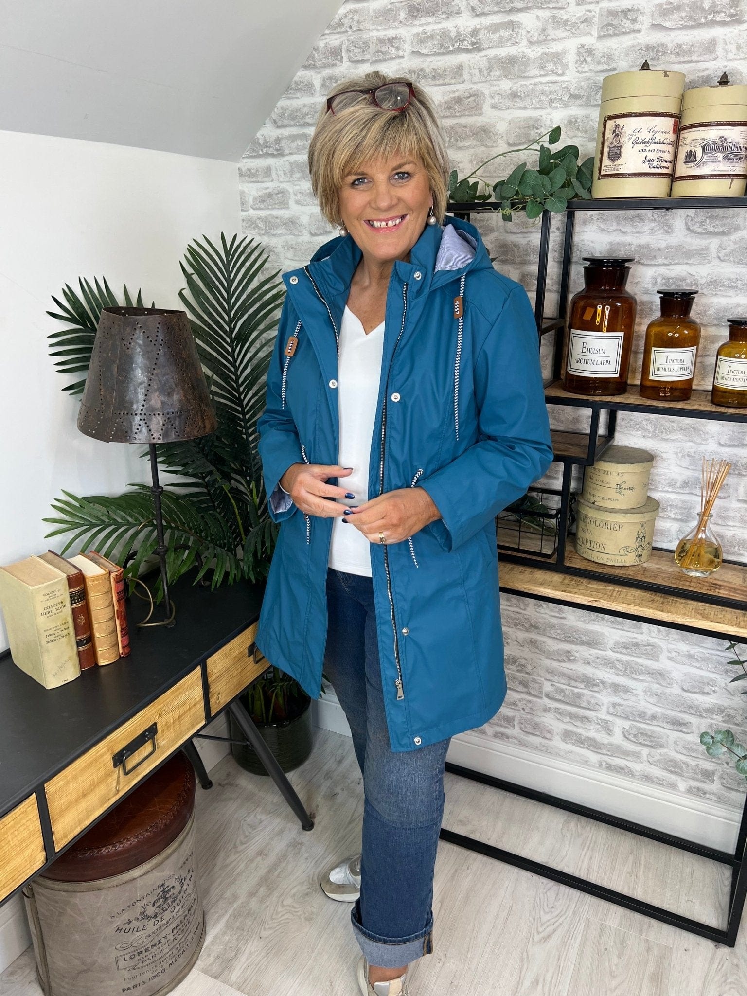 Hailey Long Striped Lined Rain Jacket In Teal - Crabtree Cottage