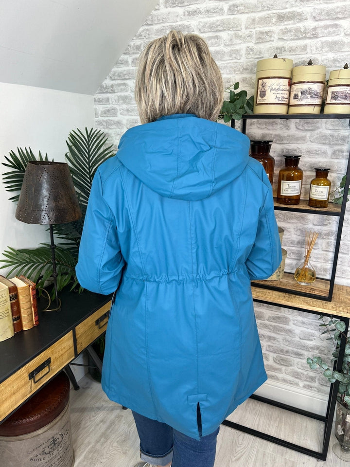 Hailey Long Striped Lined Rain Jacket In Teal - Crabtree Cottage