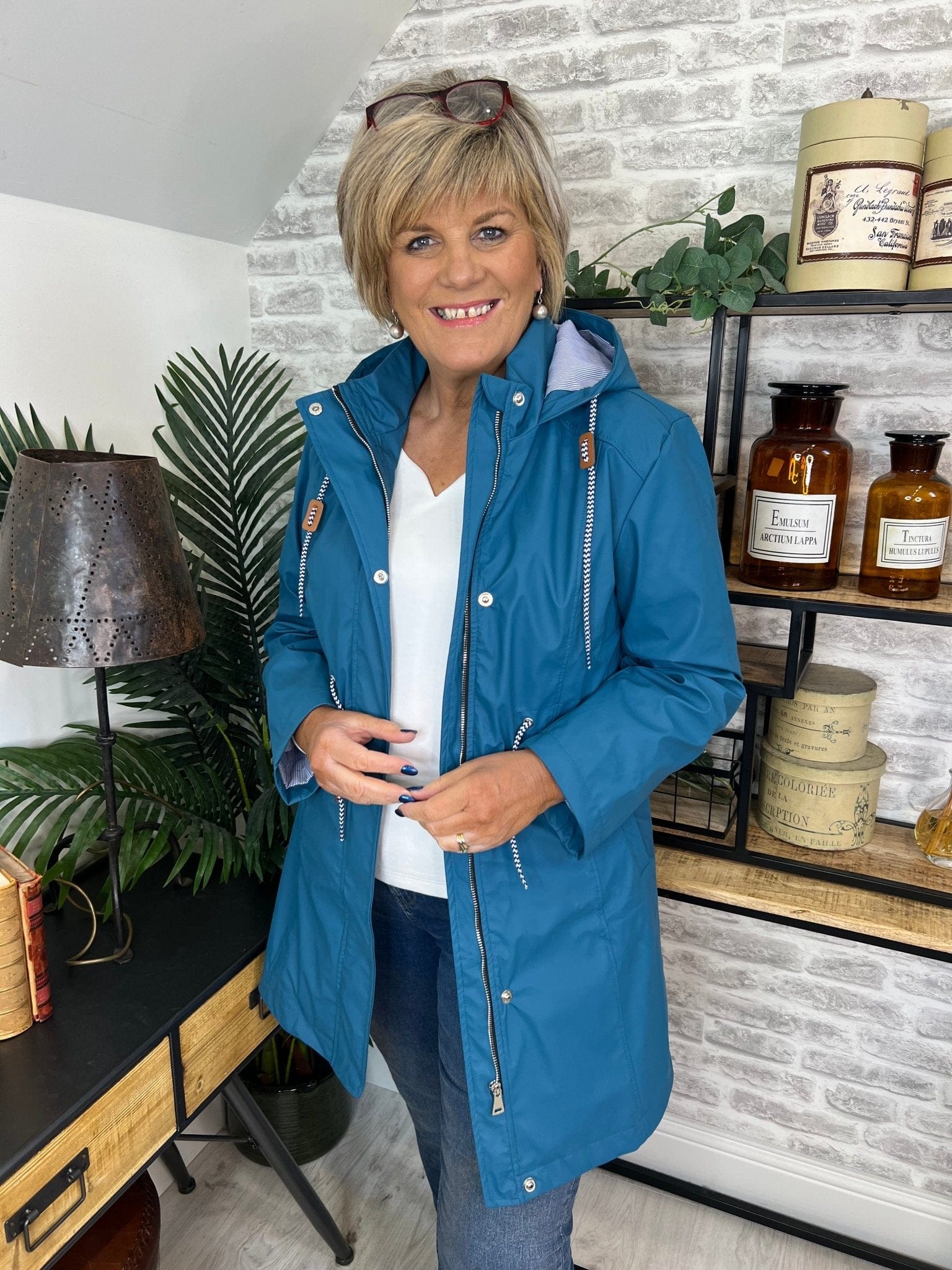 Hailey Long Striped Lined Rain Jacket In Teal - Crabtree Cottage