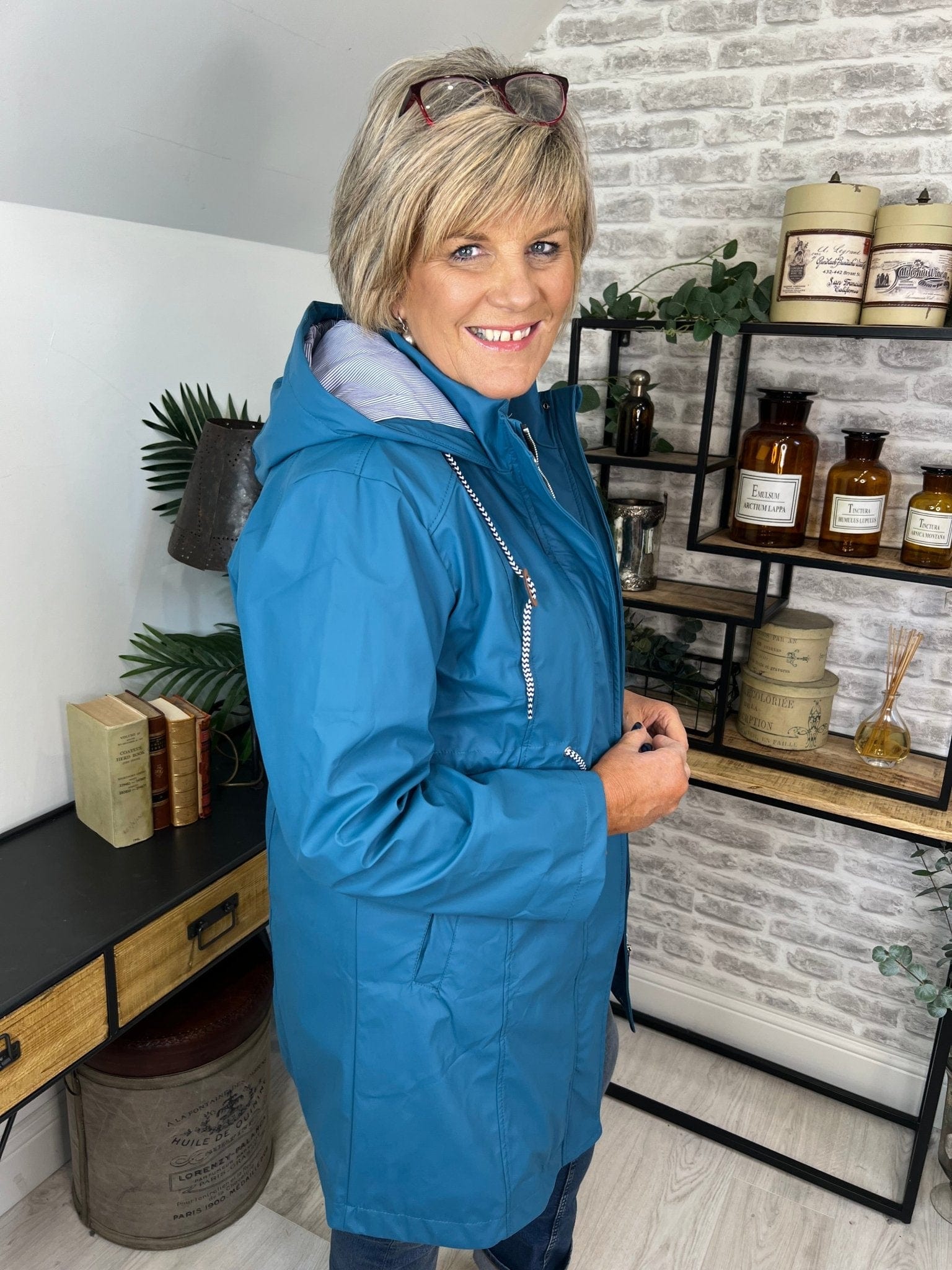 Hailey Long Striped Lined Rain Jacket In Teal - Crabtree Cottage