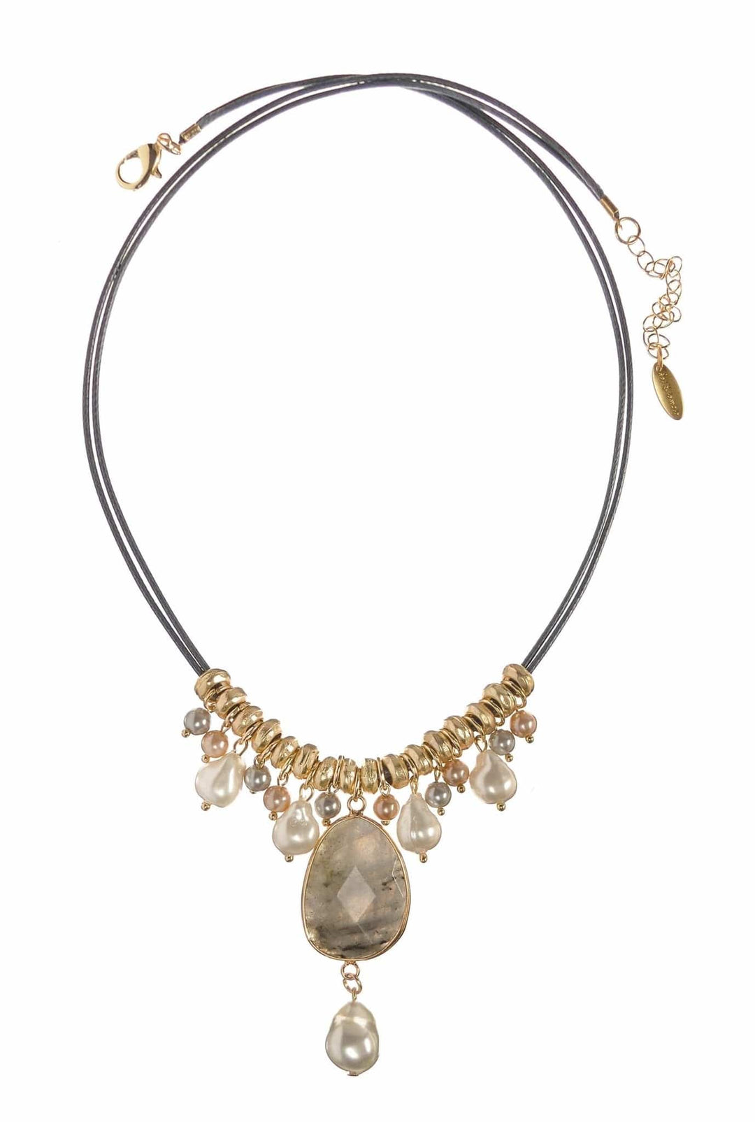 Hot Tomato Stone Teardrop With Pearls Necklace In Grey Multi/Worn Gold - Crabtree Cottage