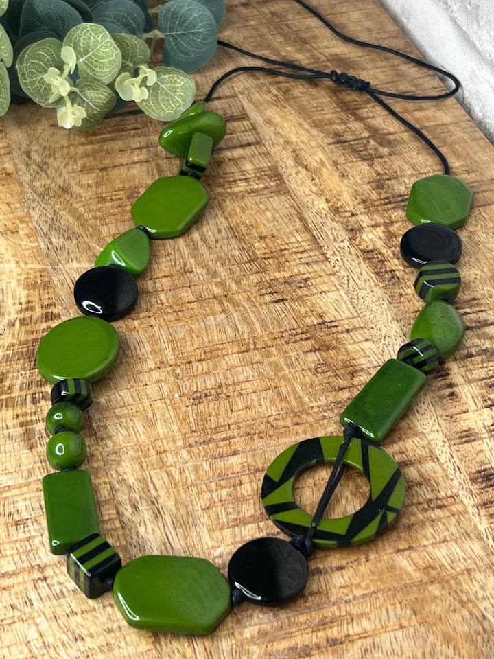Nouvelle Mixed Shapes Striped Necklace In Forest Green & Black