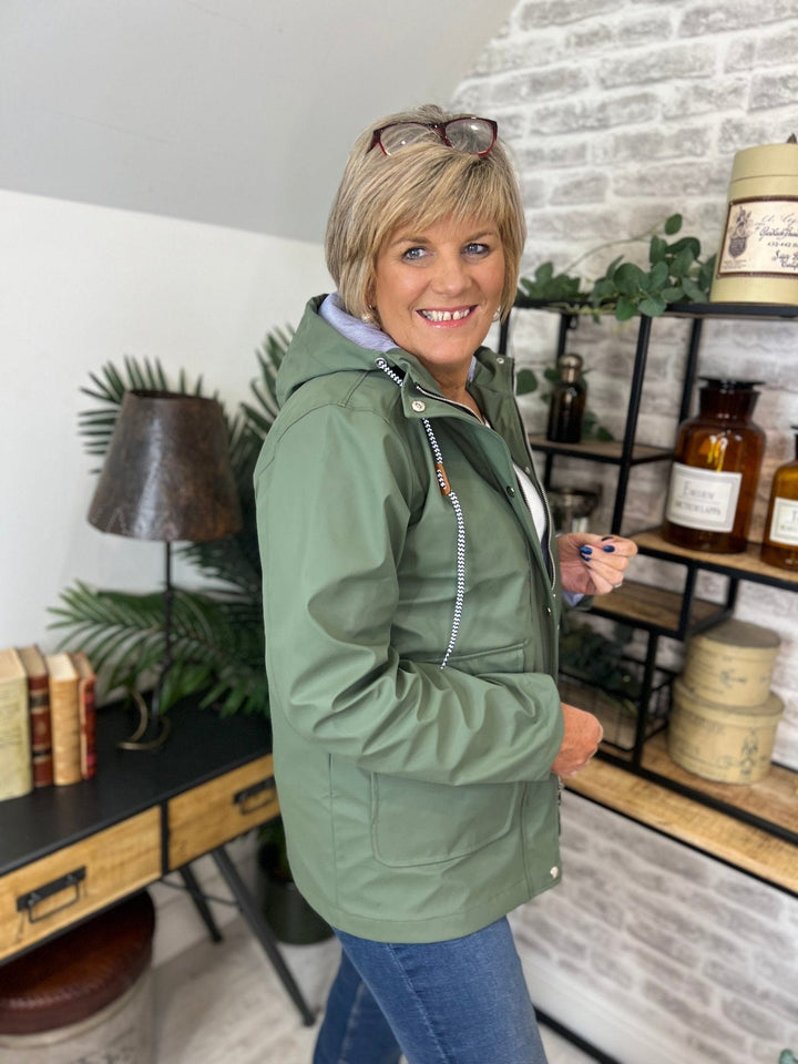 Judy Short Striped Lined Rain Jacket In Green - Crabtree Cottage
