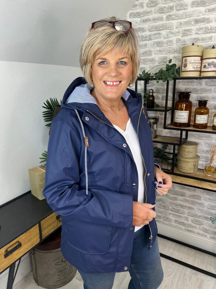 Judy Short Striped Lined Rain Jacket In Navy - Crabtree Cottage