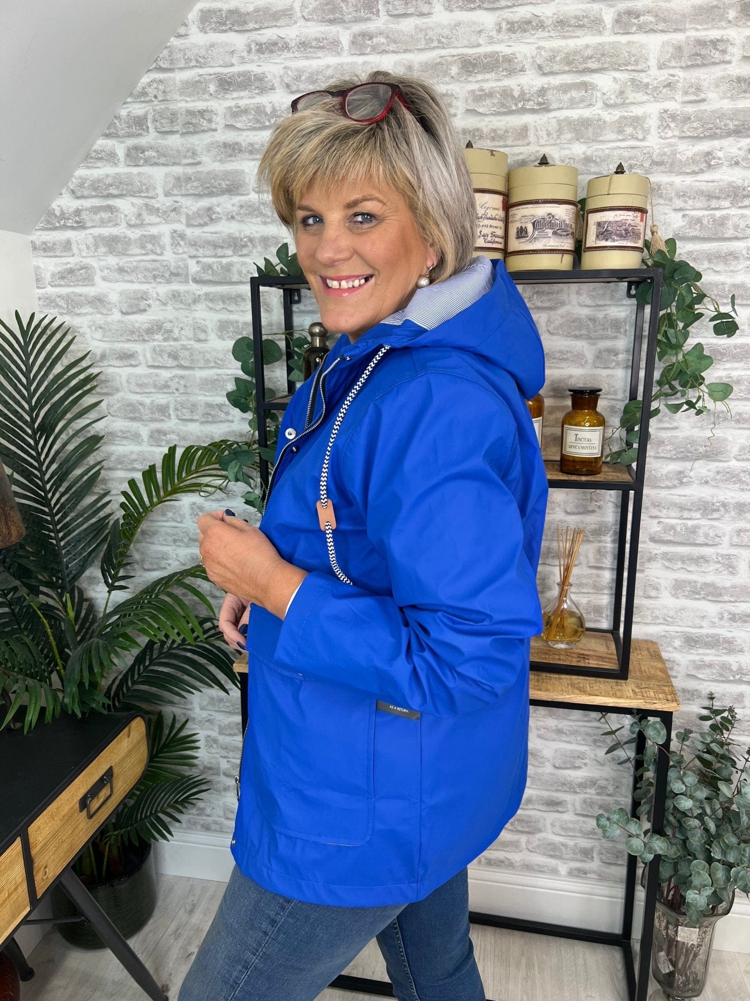 Judy Short Striped Lined Rain Jacket In Royal Blue