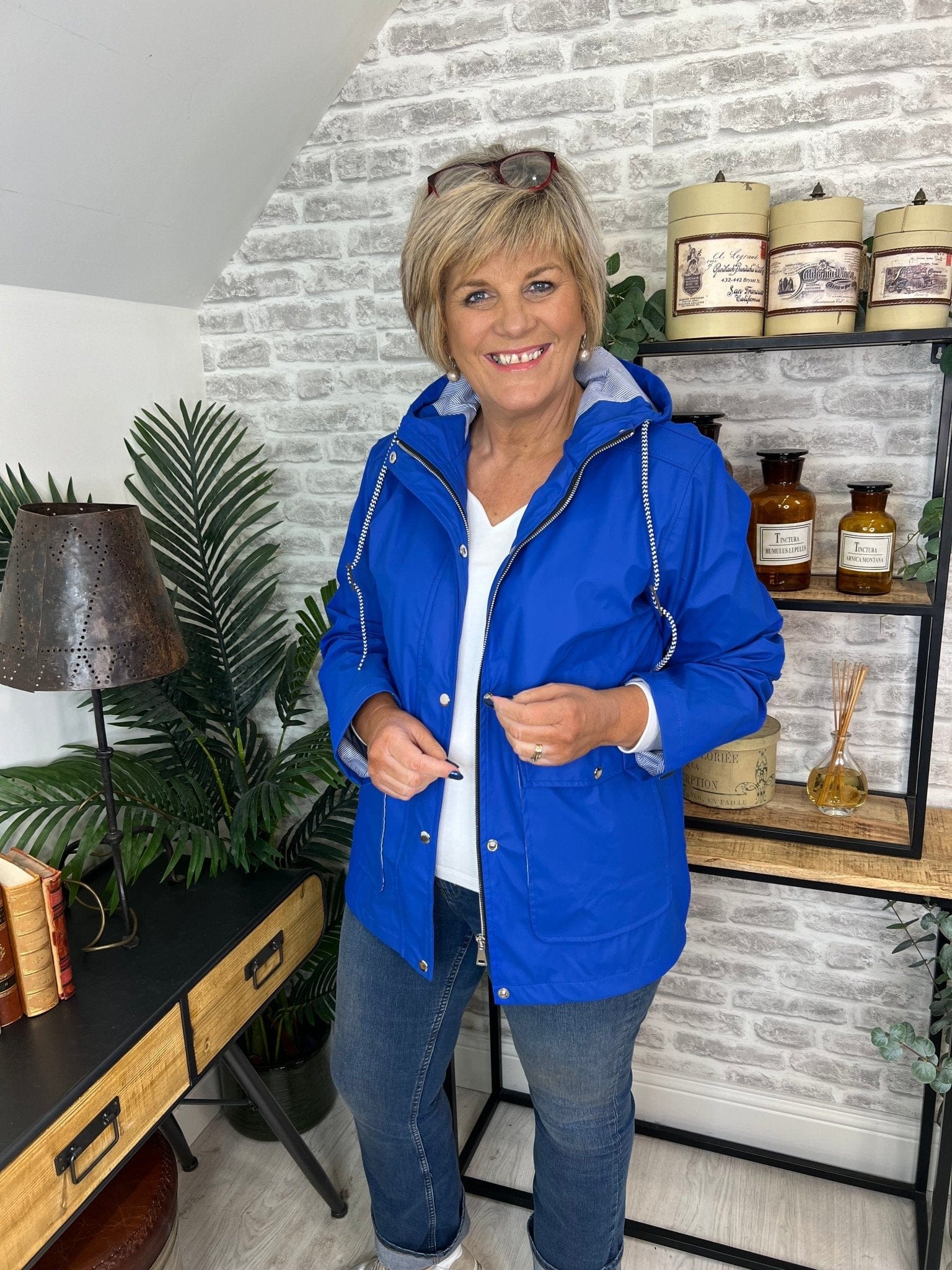 Judy Short Striped Lined Rain Jacket In Royal Blue - Crabtree Cottage