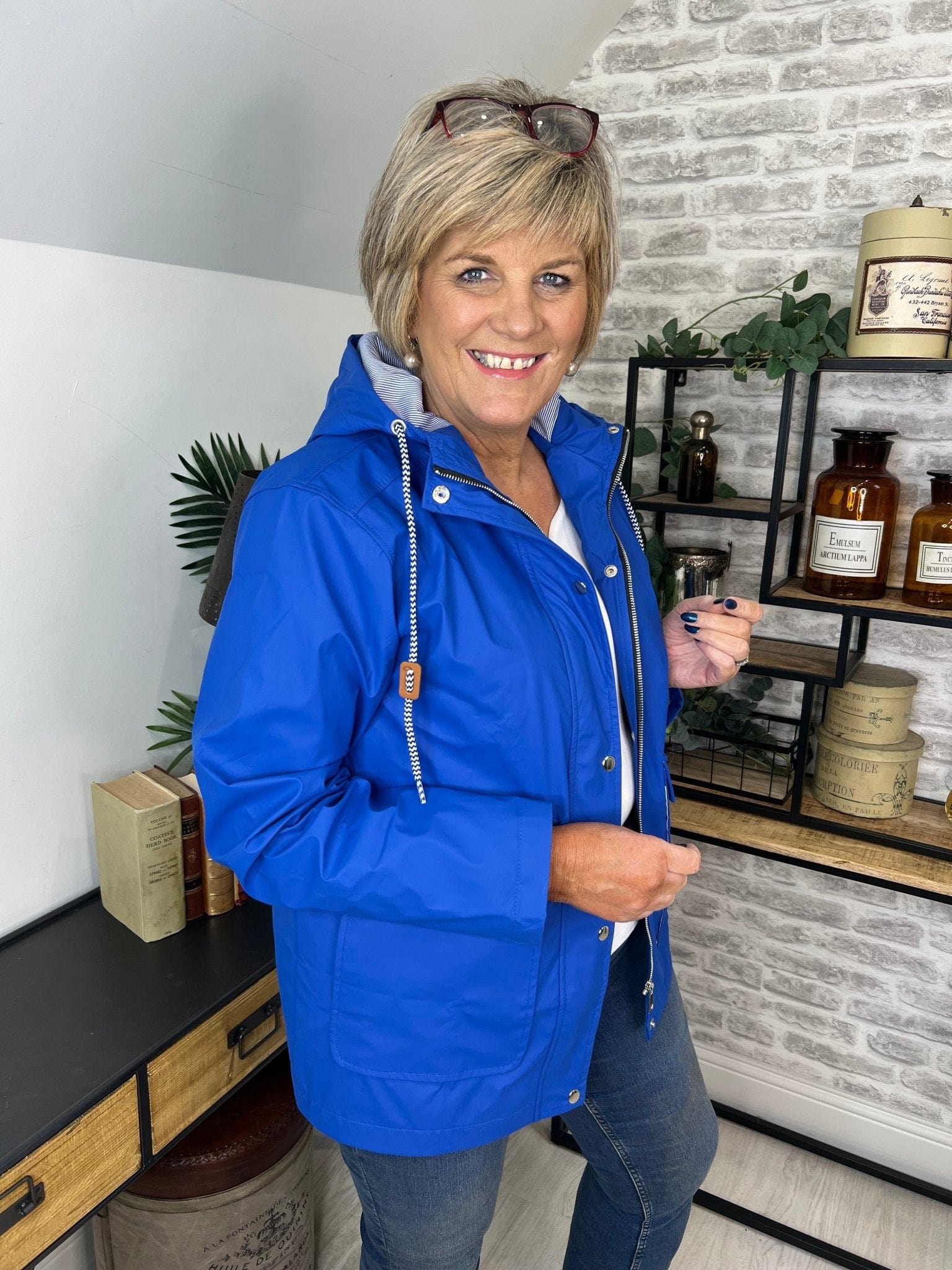 Judy Short Striped Lined Rain Jacket In Royal Blue