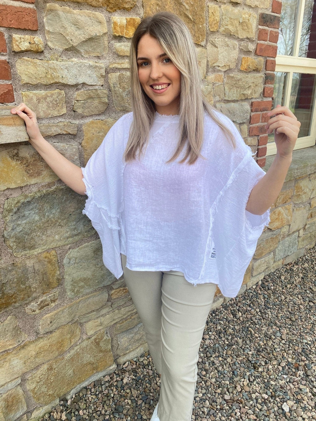 Lola Linen Top In White With Rough Edge Detail - Crabtree Cottage