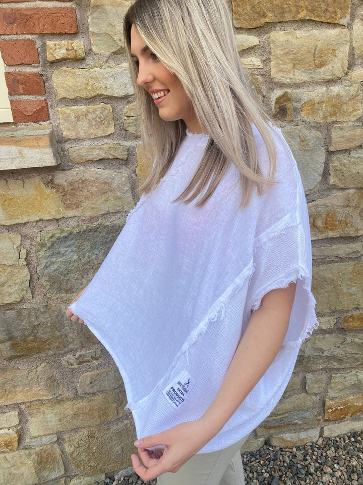 Lola Linen Top In White With Rough Edge Detail - Crabtree Cottage