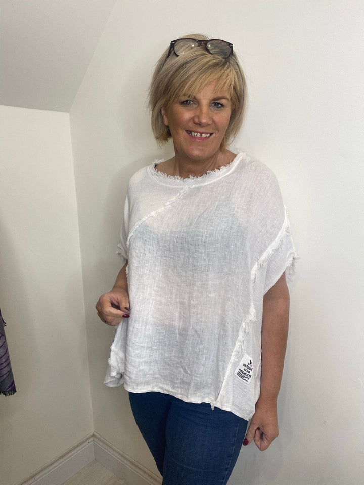 Lola Linen Top In White With Rough Edge Detail - Crabtree Cottage