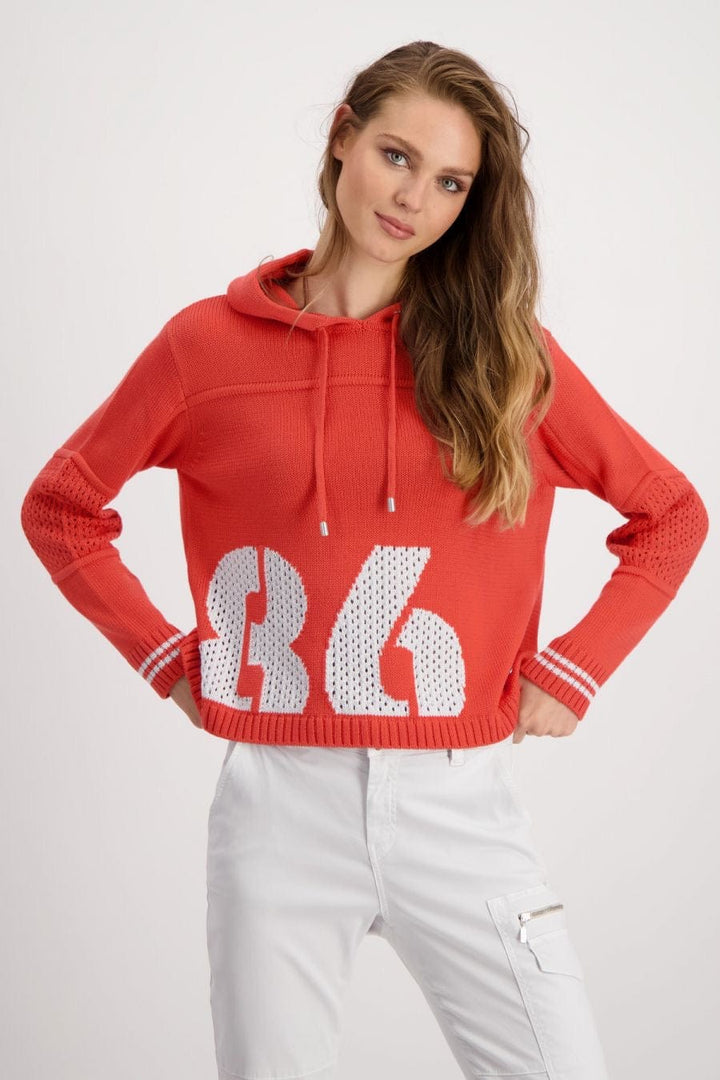 Monari Knitted Hoodie With Letters In Bright Coral - Crabtree Cottage
