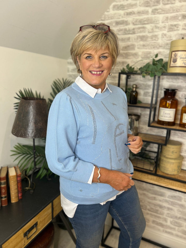 Monari Pullover With Rhinestone Letters In Blue - Crabtree Cottage