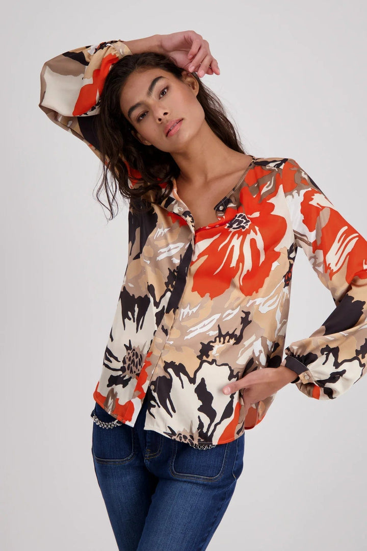 Monari Satin Floral Print blouse in Orange - Crabtree Cottage