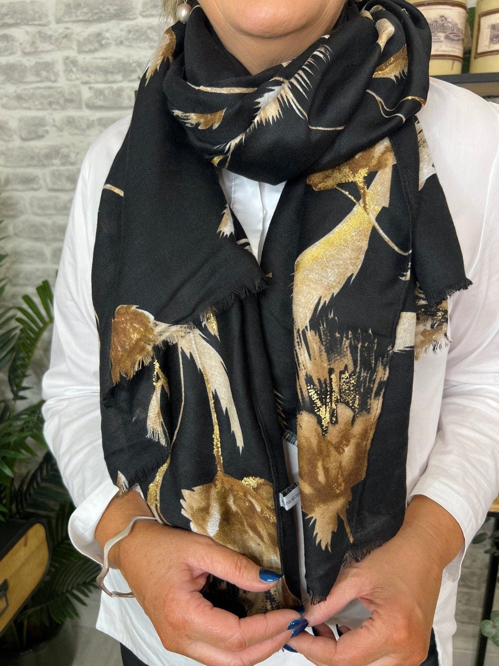 Olive Autumn Gold Thistle Print Scarf In Black - Crabtree Cottage