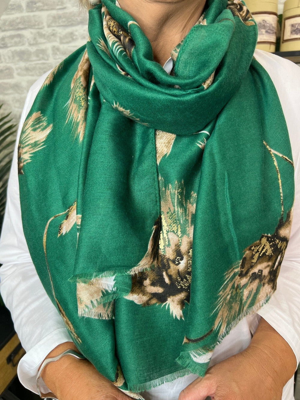 Olive Autumn Gold Thistle Print Scarf In Green - Crabtree Cottage