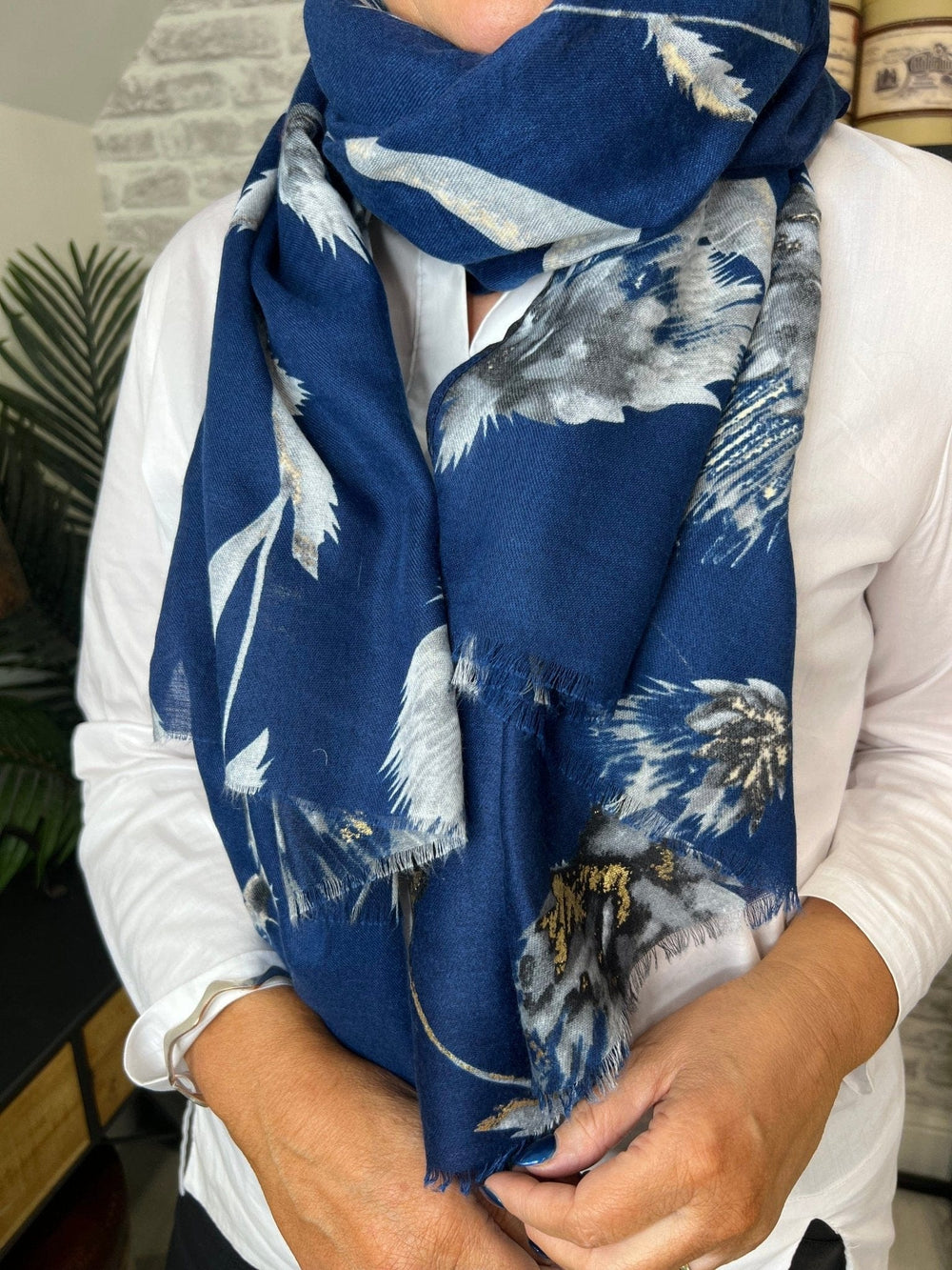 Olive Autumn Gold Thistle Print Scarf In Navy - Crabtree Cottage