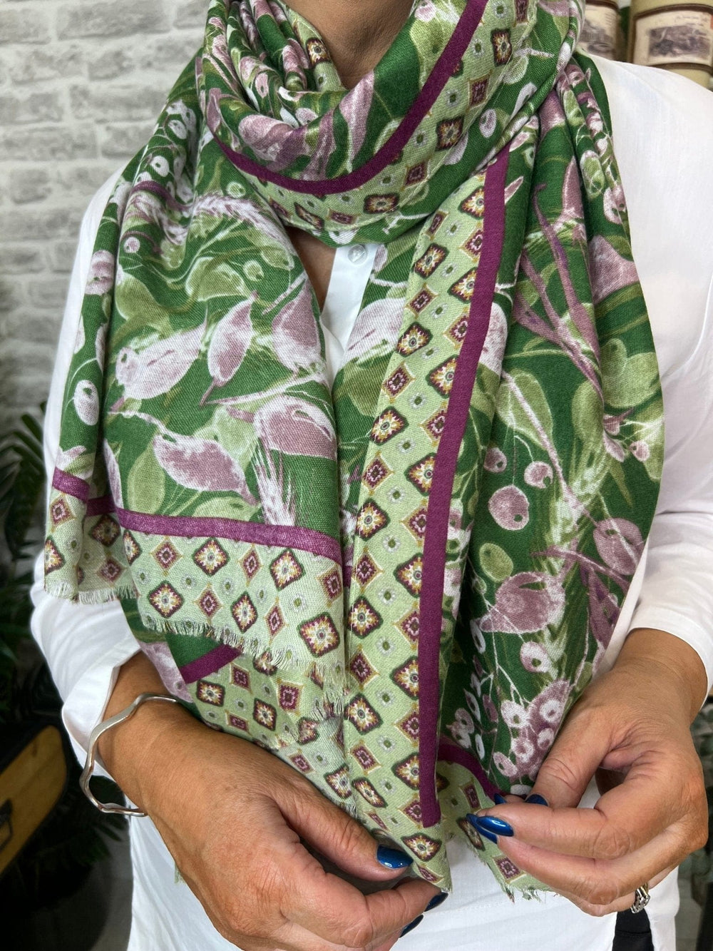 Olive Barley Print Scarf In Green - Crabtree Cottage
