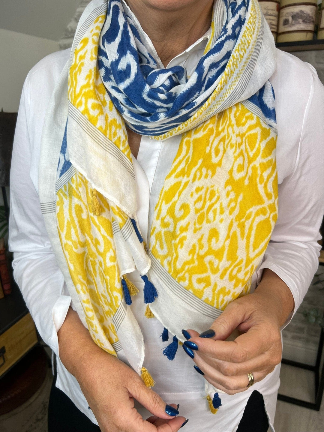 Olive IKat Tassel Scarf In Yellow & Blue - Crabtree Cottage