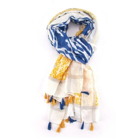 Olive IKat Tassel Scarf In Yellow & Blue - Crabtree Cottage