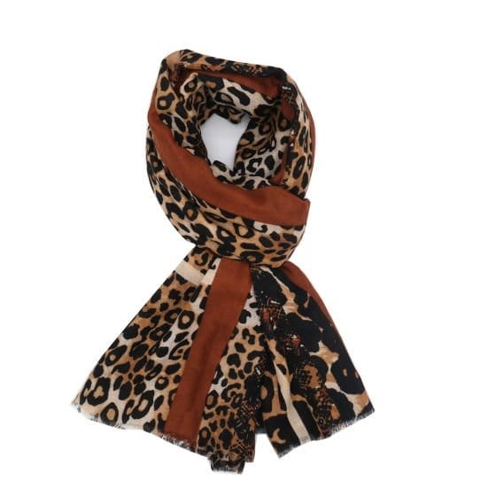 Olive Leopard Border Print Scarf In Brown - Crabtree Cottage