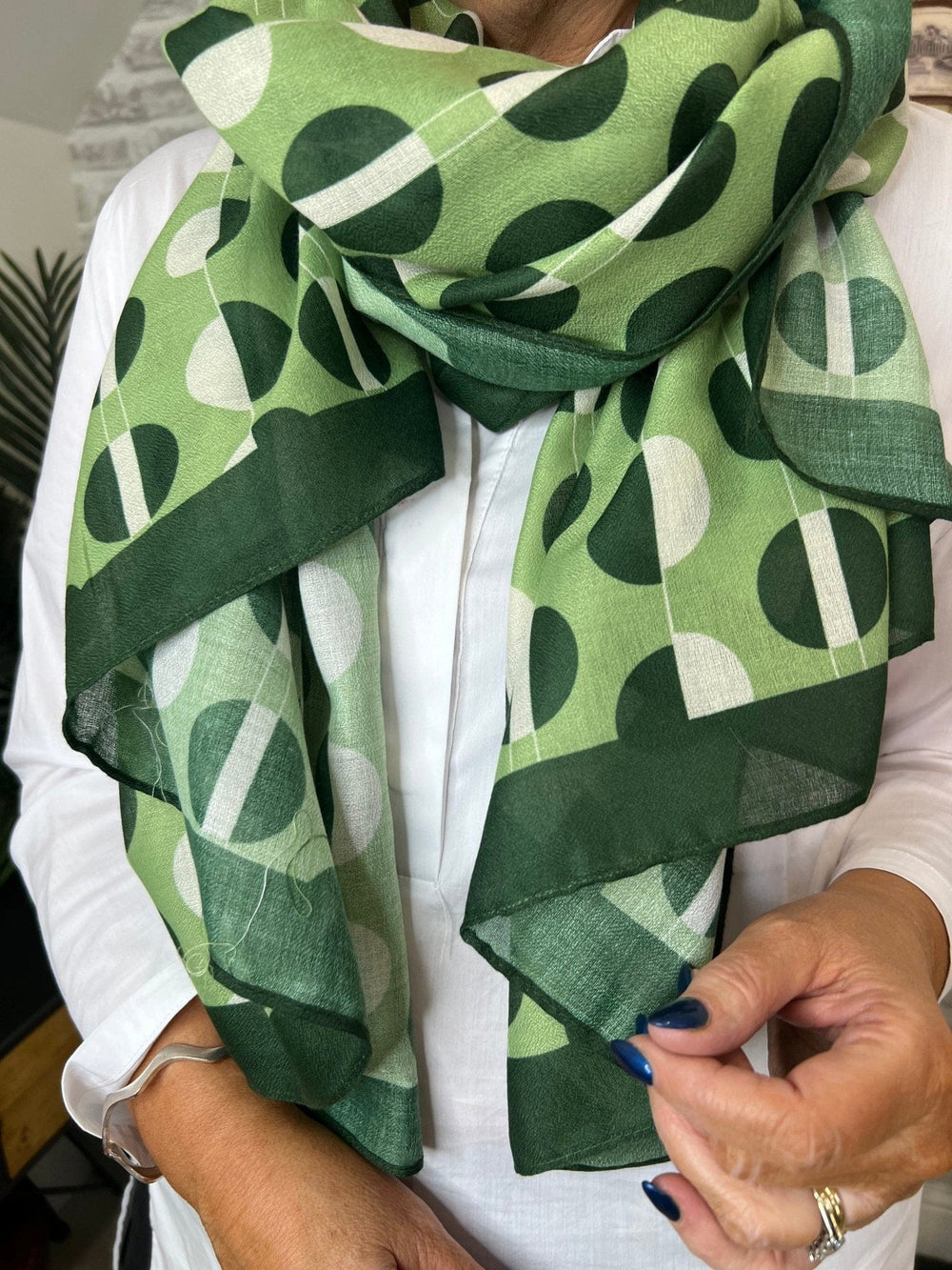 Olive Little Circles Print Scarf In Green - Crabtree Cottage