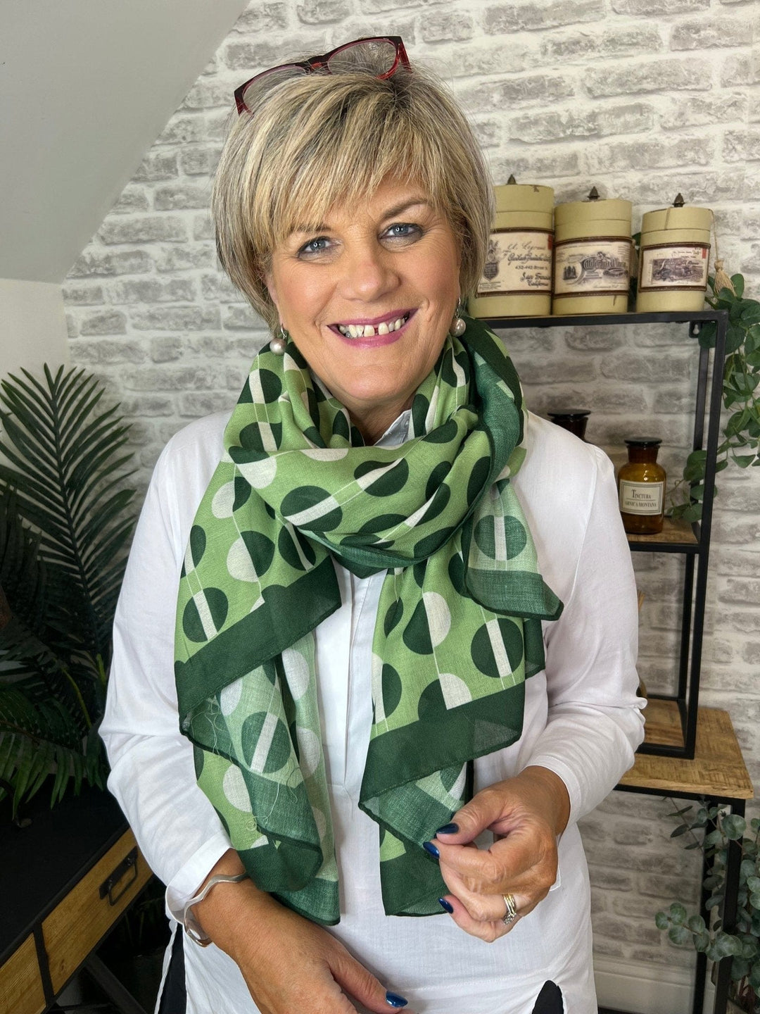 Olive Little Circles Print Scarf In Green - Crabtree Cottage