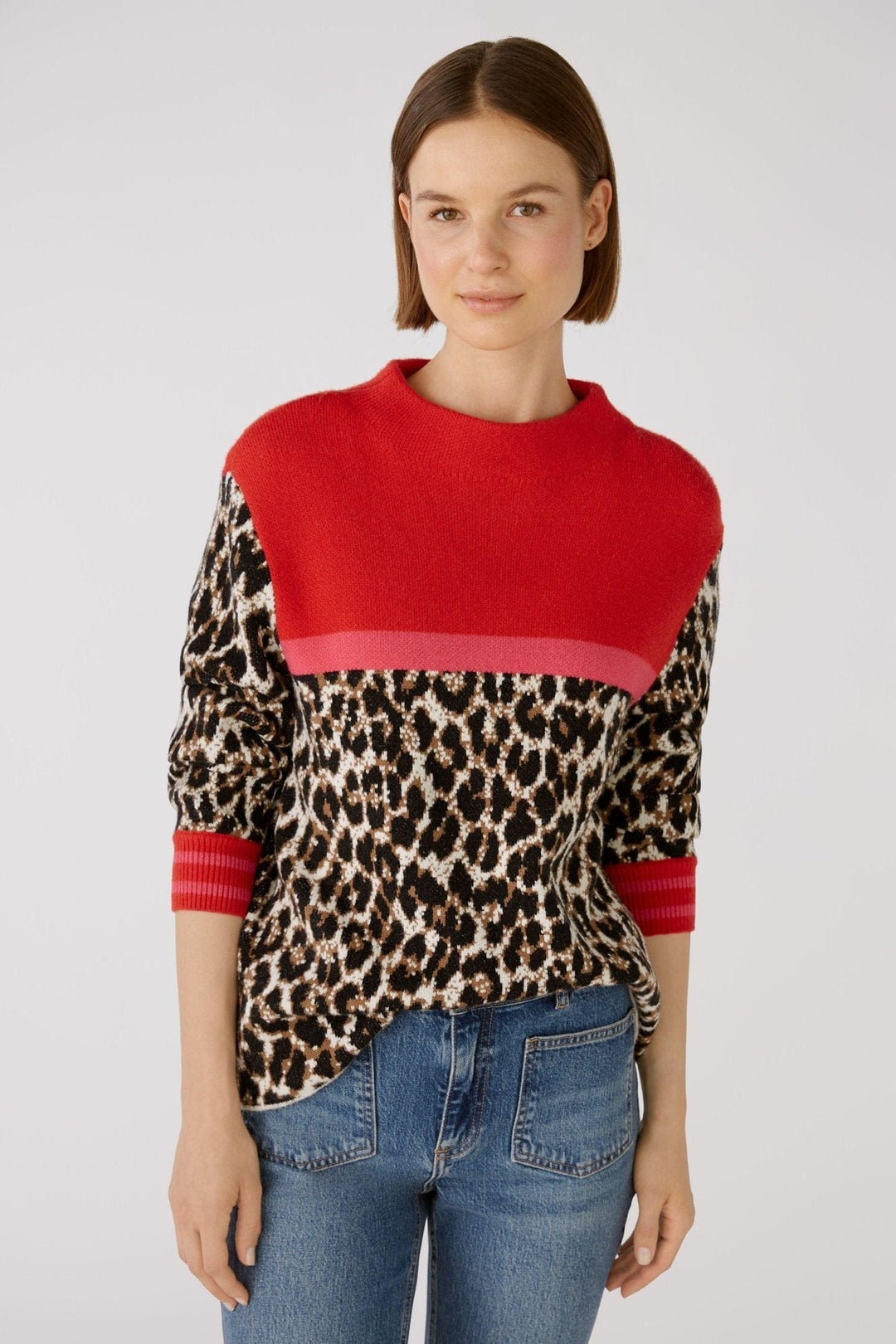 Oui Animal Print Knitted Jumper In Brown & Red - Crabtree Cottage