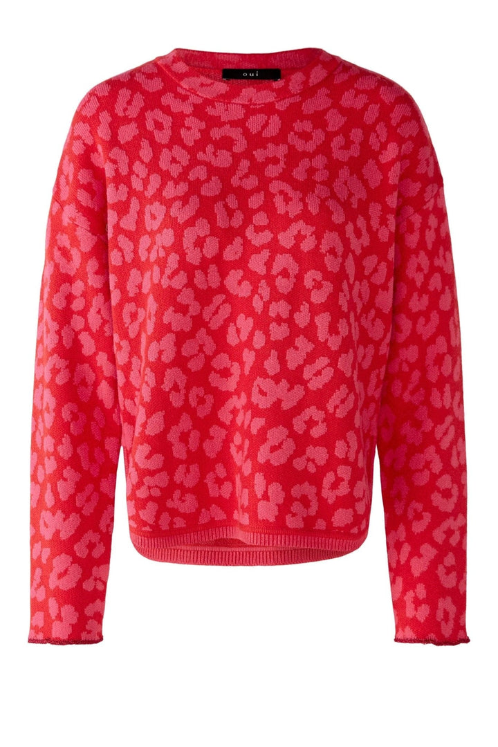 Oui Animal Print Knitted Jumper In Red & Coral - Crabtree Cottage