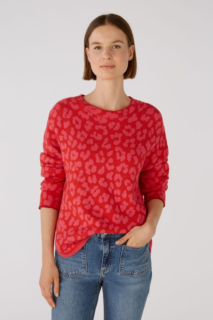Oui Animal Print Knitted Jumper In Red & Coral - Crabtree Cottage