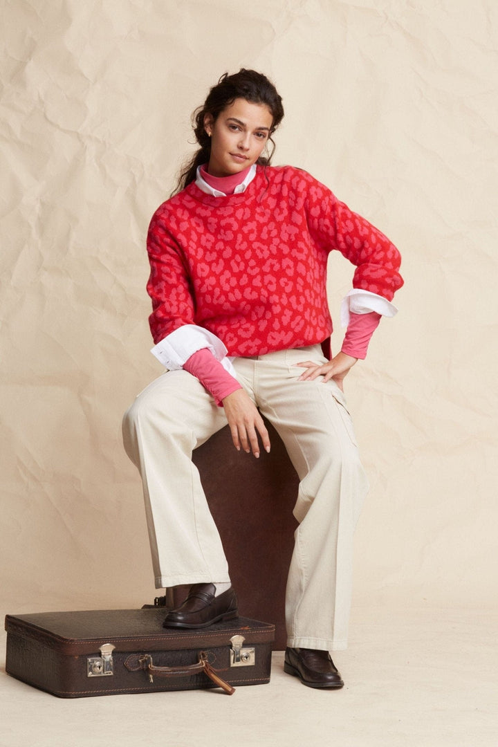 Oui Animal Print Knitted Jumper In Red & Coral - Crabtree Cottage