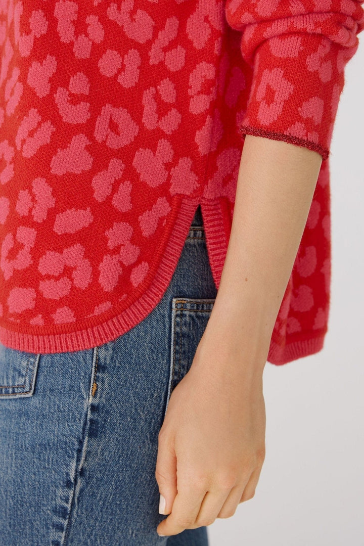 Oui Animal Print Knitted Jumper In Red & Coral - Crabtree Cottage